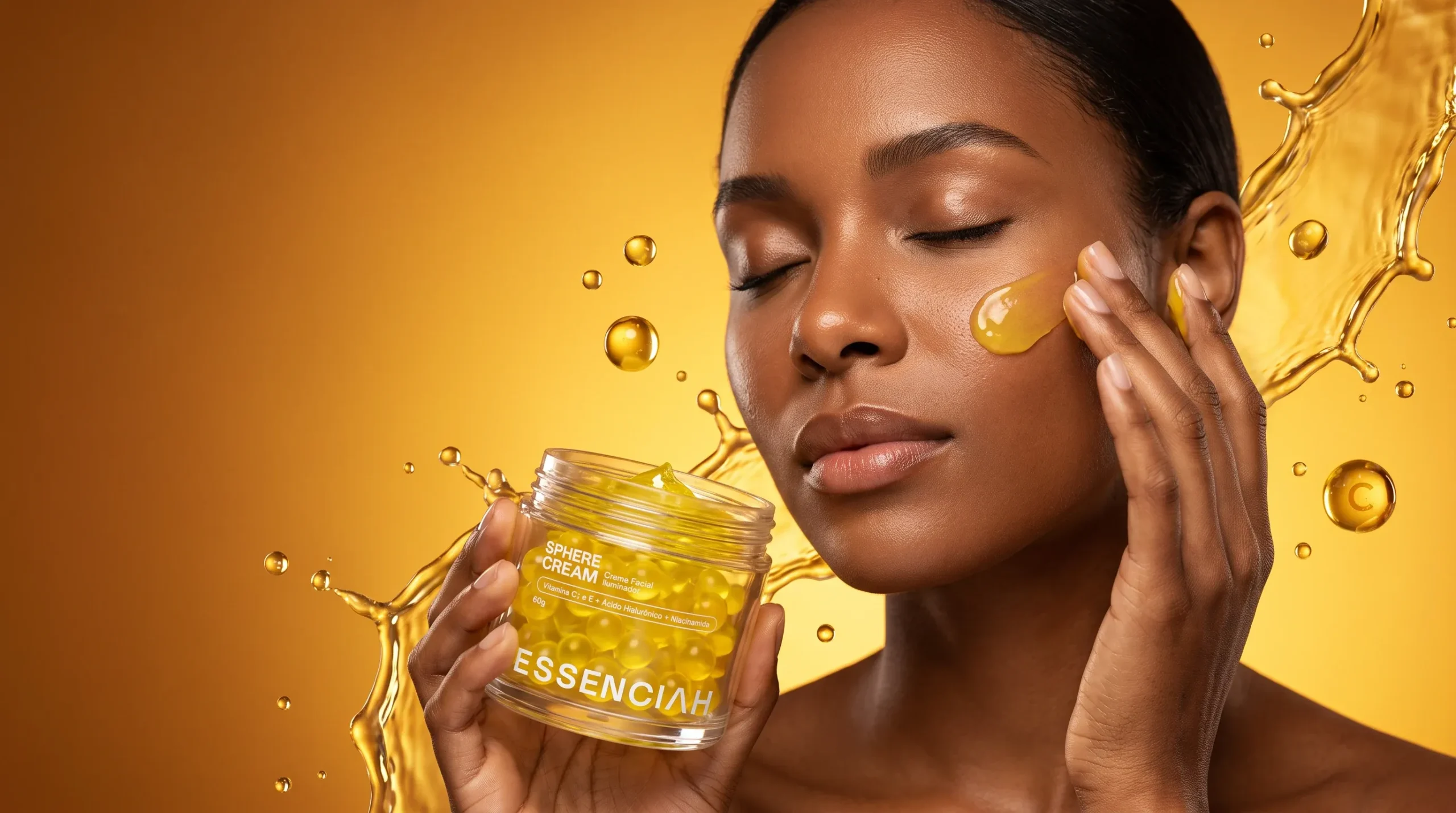 Mulher aplicando o Sphere Cream, segurando o pote de esferas de vitamina C