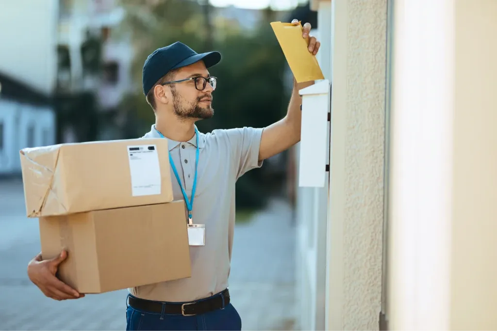 Entregador com a encomenda na porta