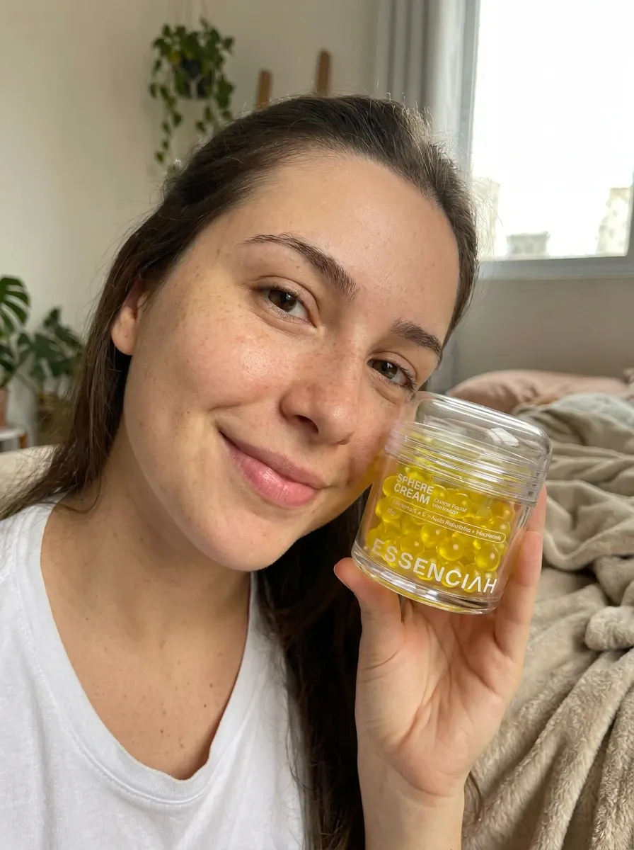 Cliente sorrindo segurando o Sphere Cream