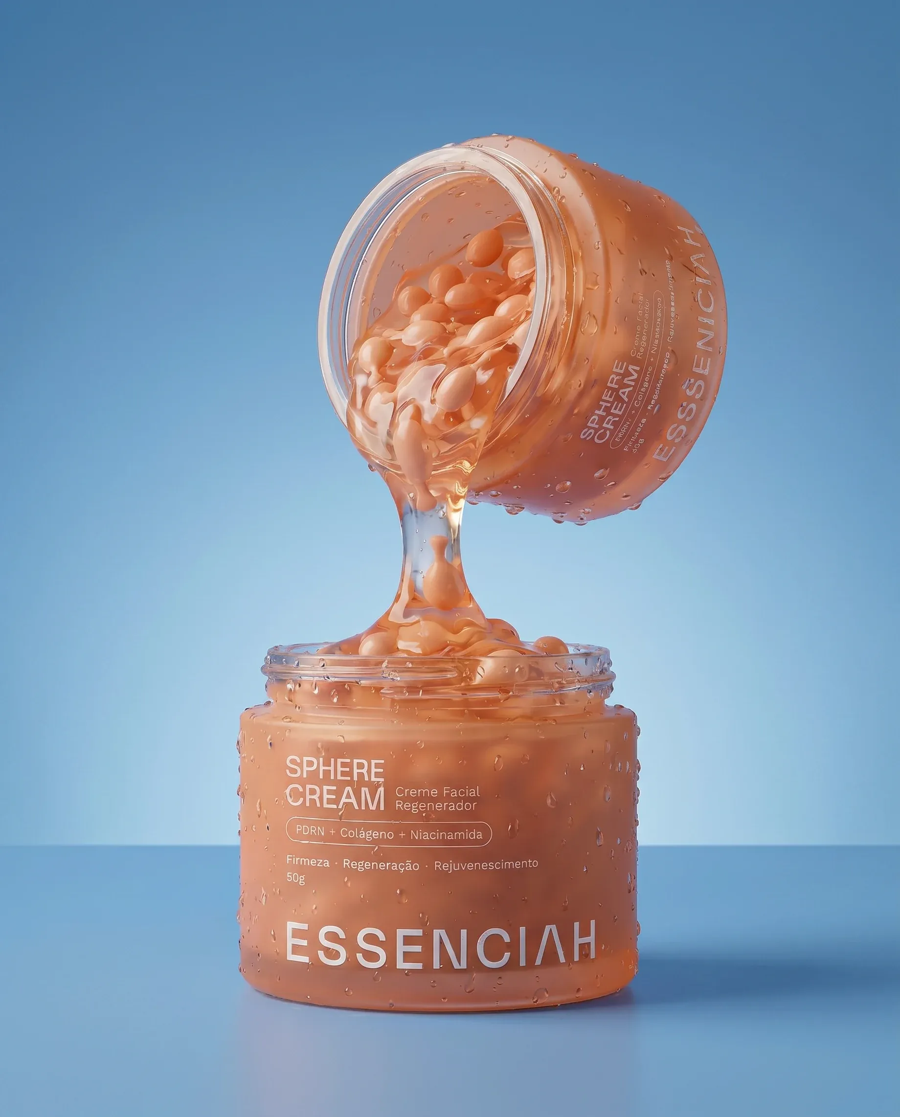 Pote de Sphere Cream com as esferas derramando
