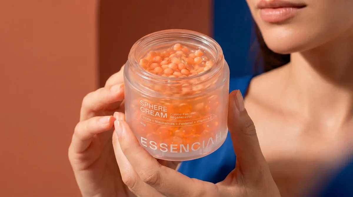 Mão segurando o pote de Sphere Cream aberto