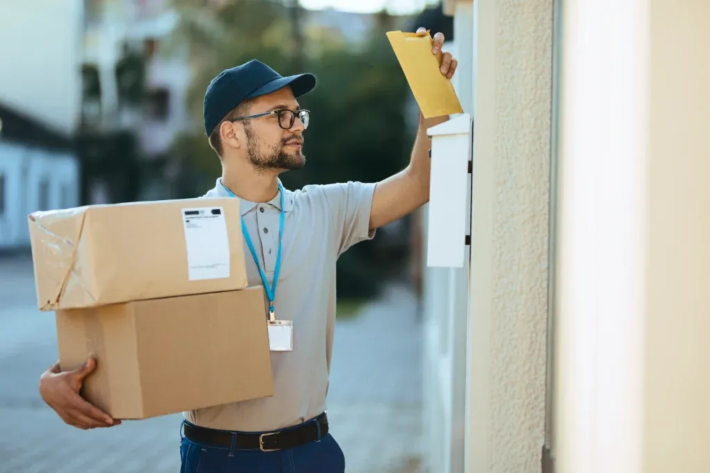 Entregador com a encomenda na porta