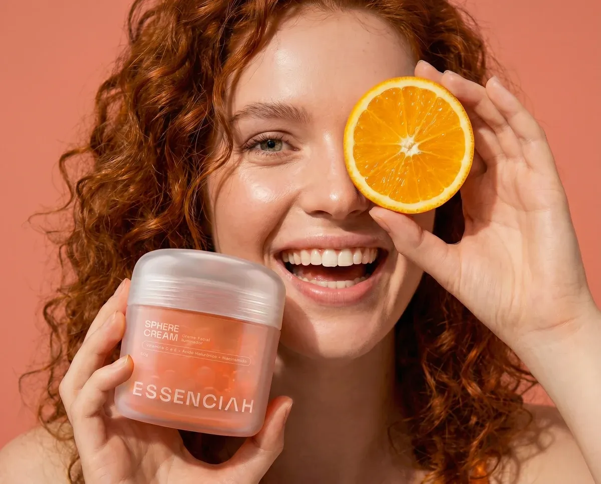 Cliente sorrindo com o Sphere Cream e uma laranja
