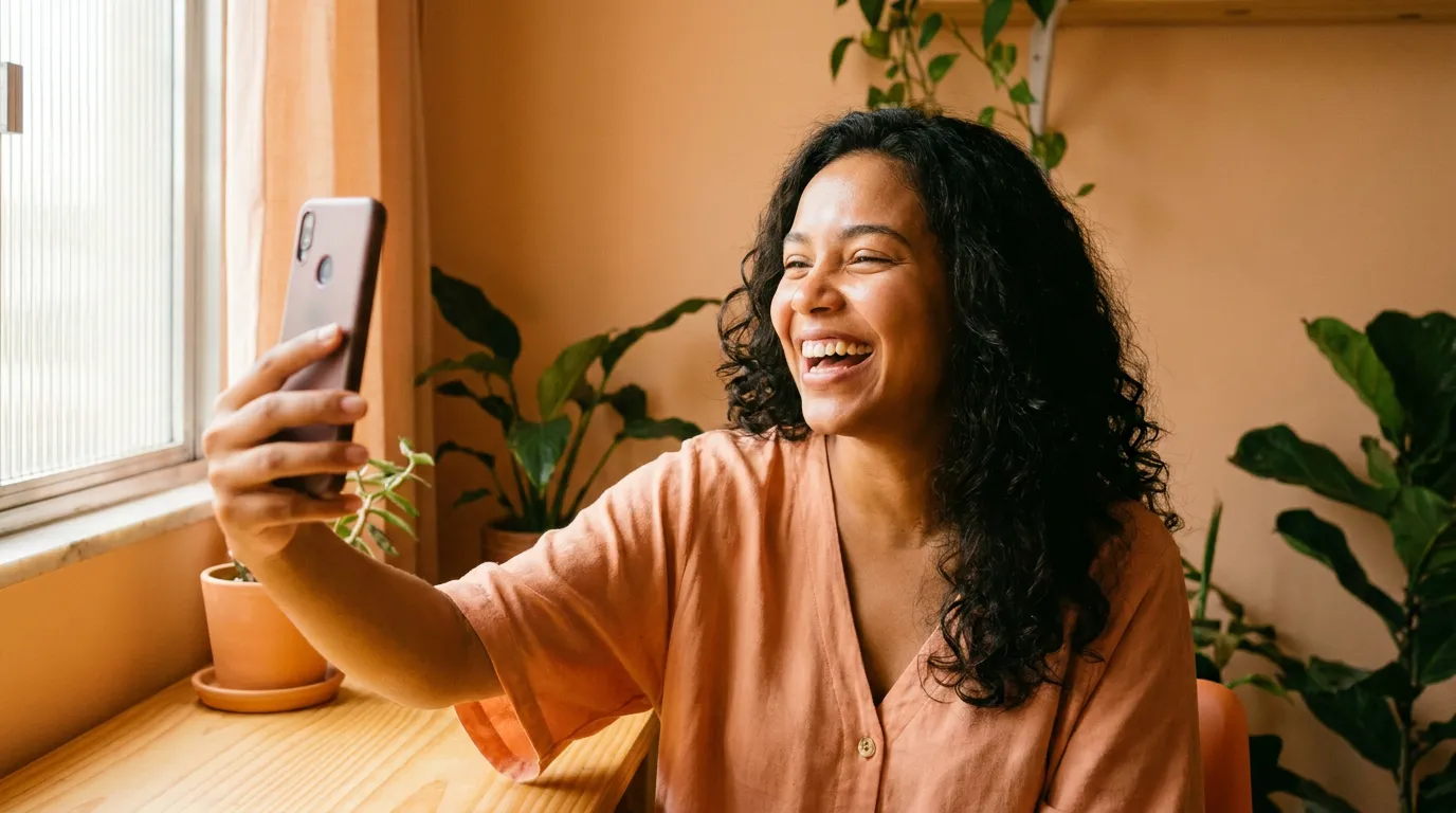 Mulher sorrindo enquanto tira uma selfie