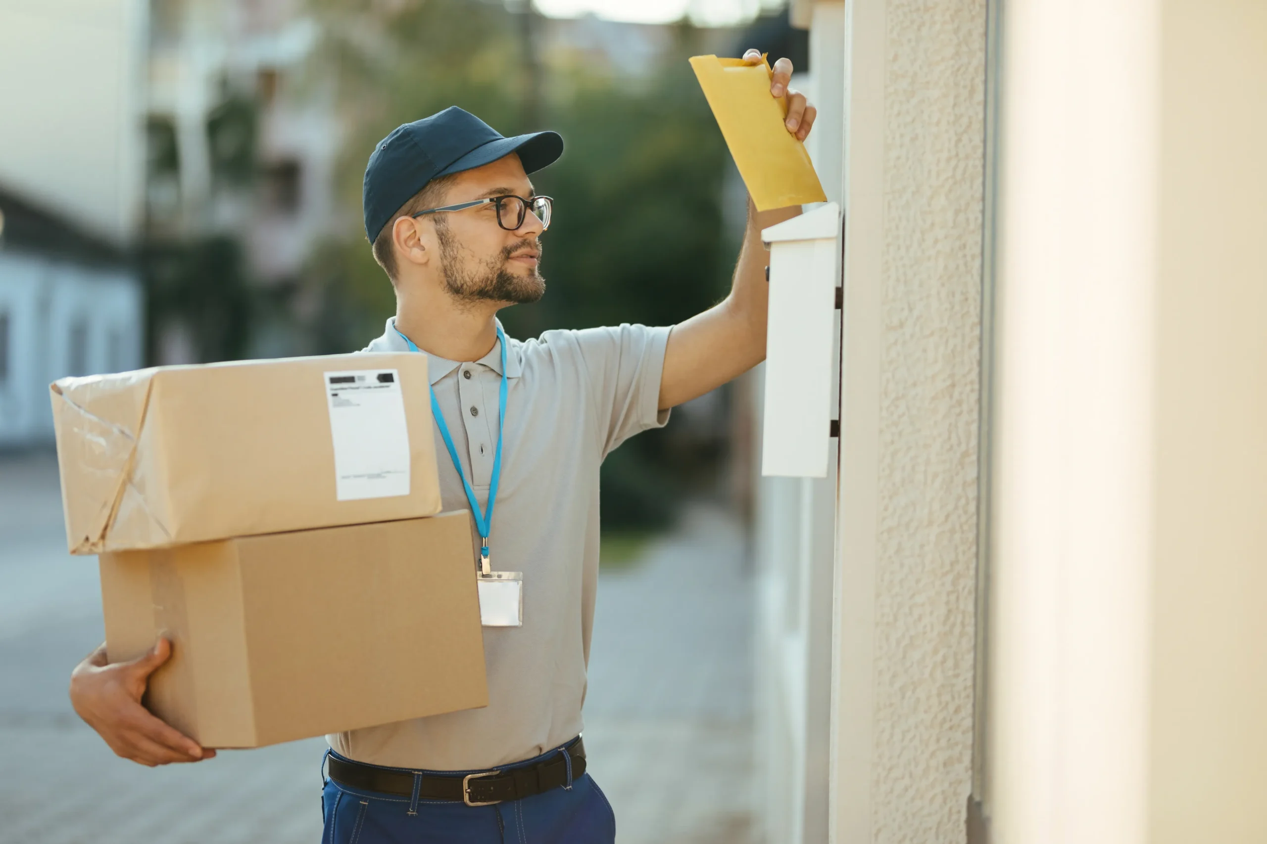 Entregador com a encomenda na porta